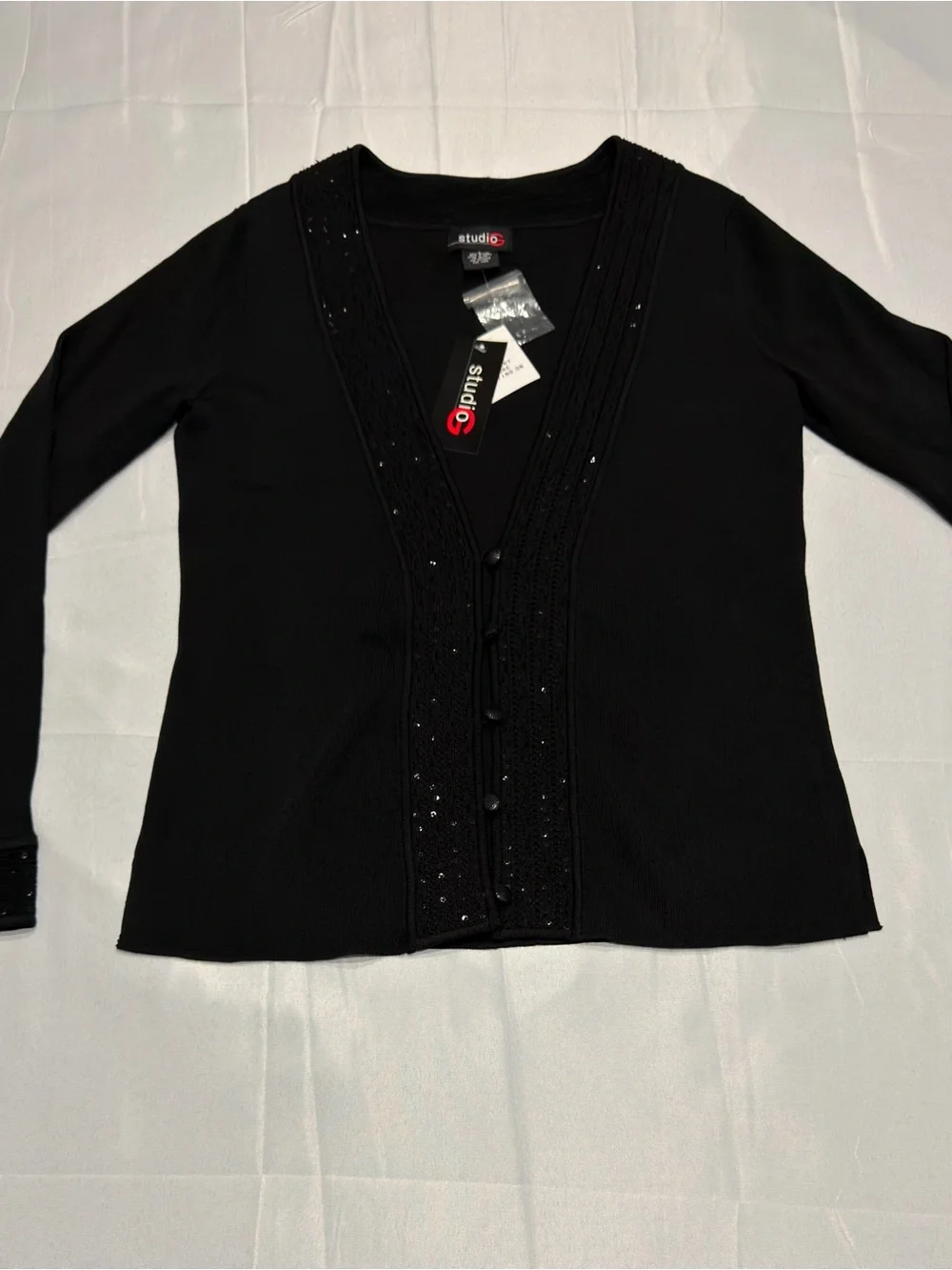 NWT Studio G Women’s Black Beaded Sequin Cardigan Sweater Size S Rayon Blend